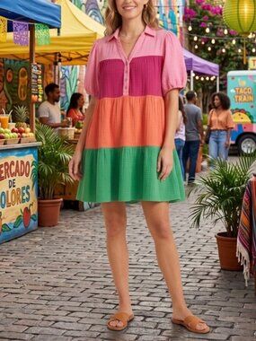 Peach Love California Colorblock Cotton Gauze Mini Dress Small Boho Babydoll